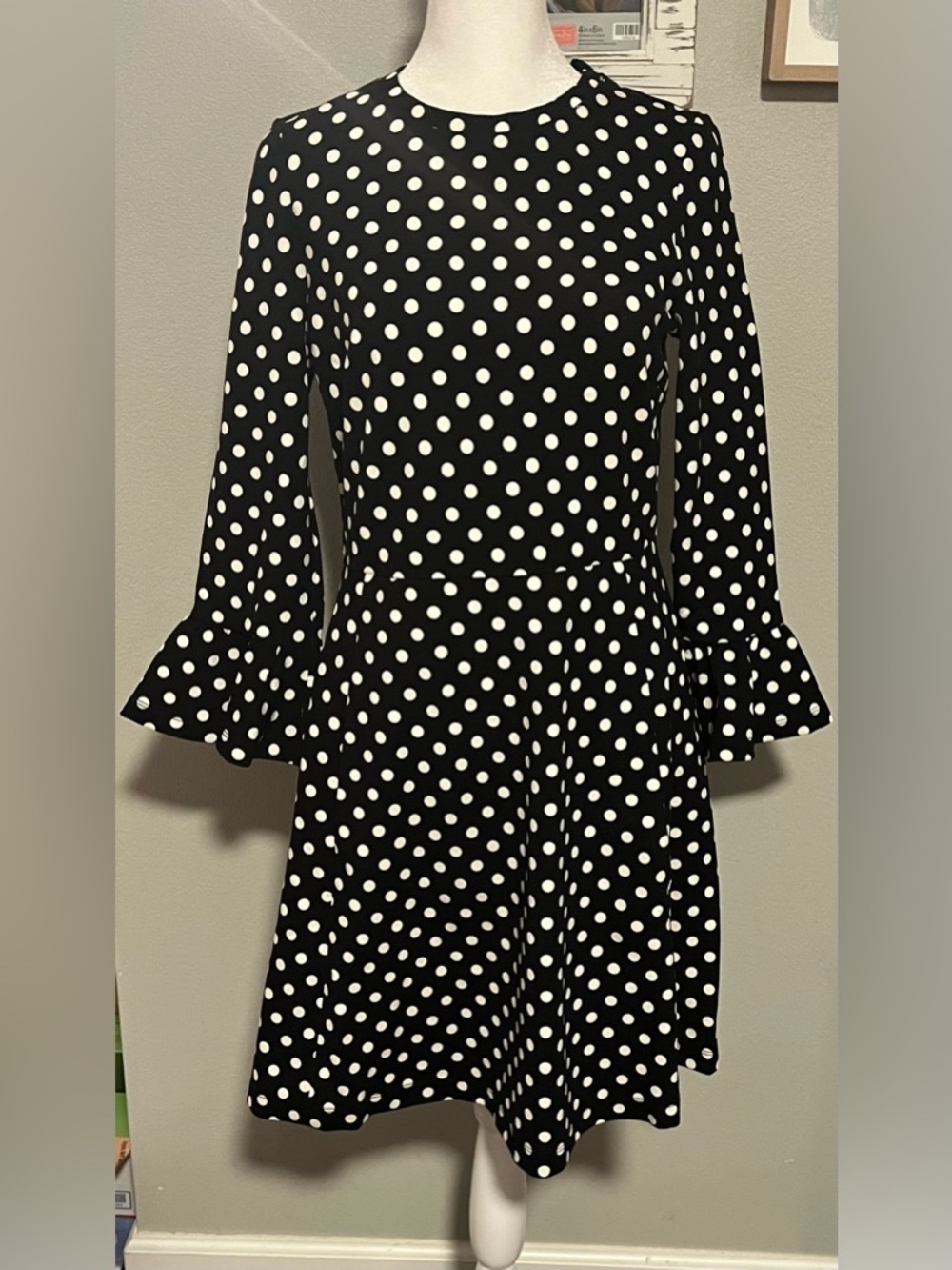 kate spade Black & White Polka Dot Long Sleeve Fit-and-Flare Dress NWOT size S